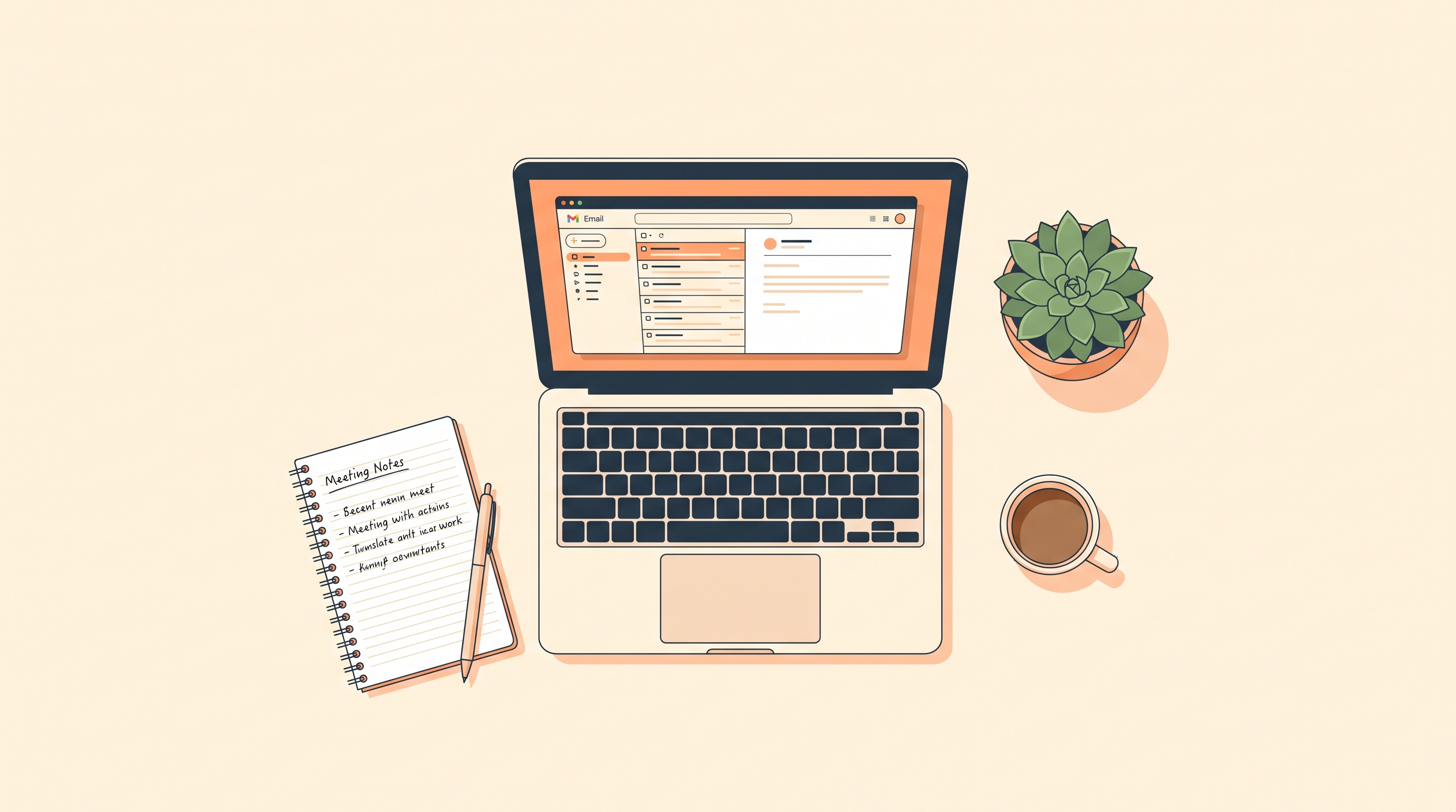 Ilustrasi workspace kantor rapi: laptop dengan email dan dokumen, catatan rapat, dan kopi