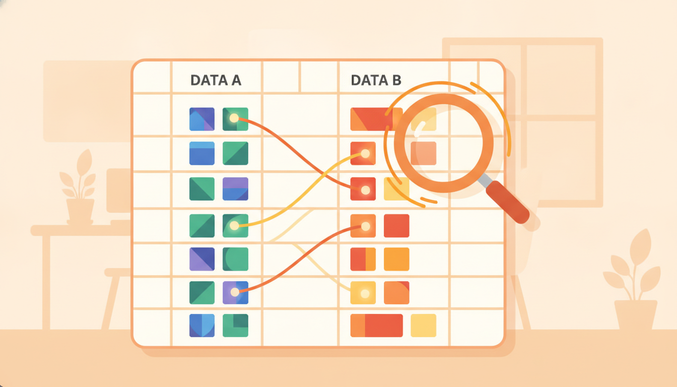 Ilustrasi pencarian data di spreadsheet Excel dengan kaca pembesar dan baris yang cocok menyala, perbandingan dua rumus lookup